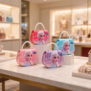 May include: Four small, colorful purses with pearl handles are displayed on a white surface. Each purse features a cartoon image of a princess. The purses are in shades of pink, red, purple, and blue.