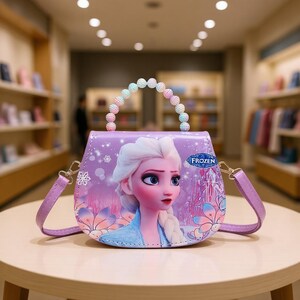 May include: A purple purse featuring a cartoon image of Elsa from the movie Frozen. The purse has a beaded handle with pastel-colored beads and a detachable shoulder strap. The design includes snowflakes and floral accents.