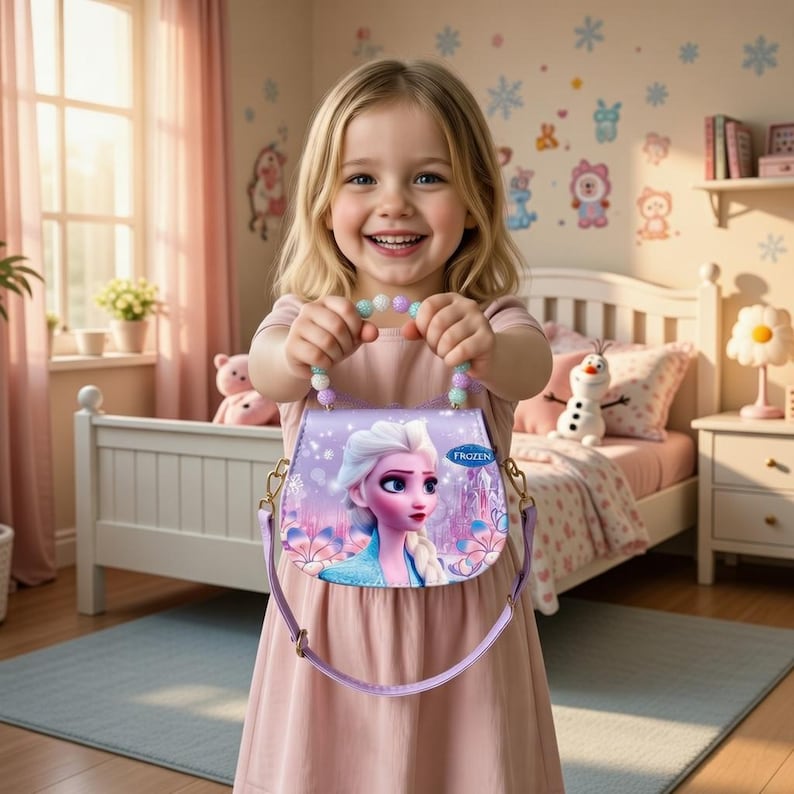 May include: A purple purse featuring Elsa from Disney's Frozen, held by a smiling child. The purse has a beaded handle and a shoulder strap. The background shows a bedroom with a bed, window, and decorative wall stickers.
