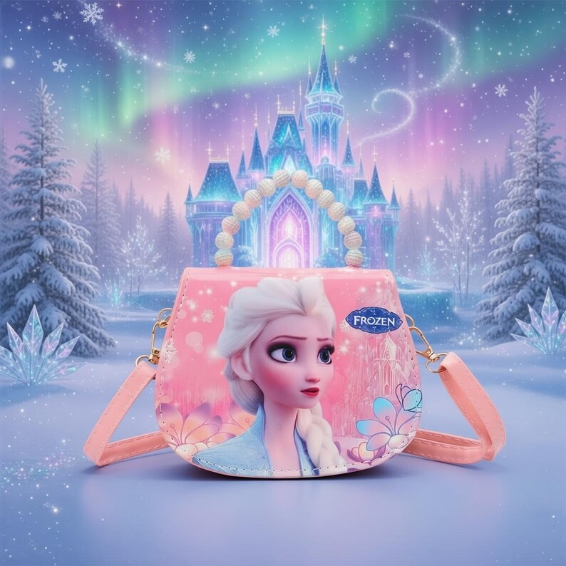 May include: Pink purse featuring Elsa from Frozen, with a pearl handle and a detachable peach-colored strap. The purse has a castle design in the background, with a wintery landscape and the word "FROZEN".
