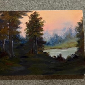 Original Forest Sunset Painting by Scamorza – Misty Lake Landscape on Canvas – Woodland Wall Art – Nature Home Decor