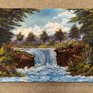 Original Landscape Oil Painting - Misty Waterfall Scene, Forest and River Wall Art on Canvas by Scamorza