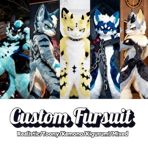 Può includere: Sono esposti cinque fursuit personalizzati, ognuno con un design unico. I costumi presentano vari colori, tra cui blu, grigio e giallo, con dettagliati tratti del viso e texture della pelliccia. Il testo "Custom Fursuit" e "Realistic/Toony/Kemono/Kigurumi/Mixed" è in basso.