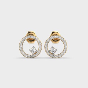 May include: A pair of gold stud earrings. Each earring features a circle of small, clear stones surrounding a larger, clear stone in the centre. The earrings have a post and backing for secure wear.