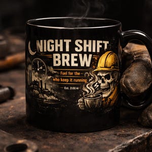 May include: Black ceramic mug with the words "NIGHT SHIFT BREW" and a skull wearing a yellow hard hat. The mug also features a clock, industrial buildings, and the text "Fuel for the who keep it running".