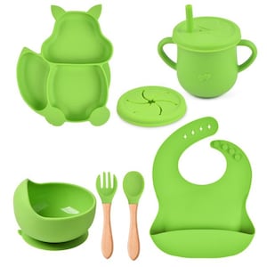 Silicone Baby Feeding Set | Plate, Bowl, Spoon, Fork & Bib | BPA Free | Baby Shower Gift