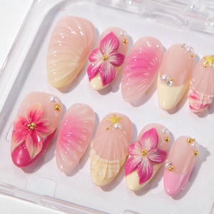 Pink Floral Press On Nails, 3D Flower Seashell Pearl Nail Art, Summer Beach Fake Nails, Tropical Long Nails, Cute Girly Set, Gift For Her