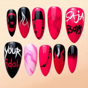 Handmade Saja Boys Press On Nails, Kpop Demon Hunters Press On Nails, Halloween Special Custom Nails, Hot Pink Movie Art Press On Nails