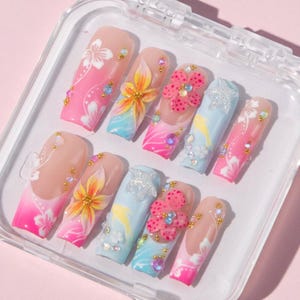 Colorful Summer Press On Nails, 3D Flower Nail Art, Tropical Beach False Nails, Long Coffin Nails, Handmade Nail Set, Festival Nails