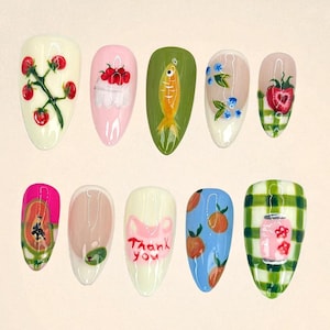 Hand Painted Press On Nails, Cute Fruit Nail Art, Summer Fake Nails, Cherry Strawberry Peach Nail Set, Colorful False Nails, Gift For Her