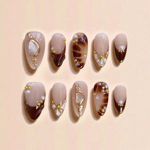 Elegant Brown Marble Press On Nails with Gold Pearl Accents | Luxury 3D Nail Box | Reusable Coffin False Nails for Women, Gift For Her
