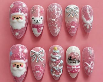 サンタと雪だるまのクリスマスプレスオンネイル、お祝いのホリデー