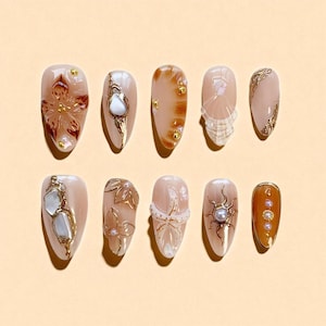 Elegant Brown Marble Press On Nails with Gold Pearl Accents, Luxury 3D Nail Box, Reusable Coffin False Nails for Women, Gift For Her