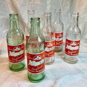 Set of Six 7 oz Vintage Glass Moxie Soda Bottles - Pristine Condition, Shipping Included