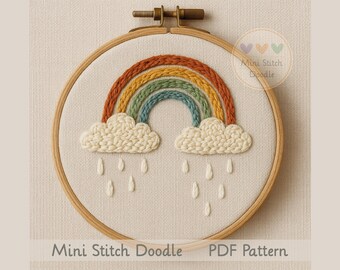 Rainbow Clouds Embroidery Pattern PDF, Weather-Themed Hoop Art Digital Download, Rainy Day