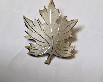 Könnte beinhalten: Silberfarbene Ahornblatt-Brosche. Die Brosche ist eine detaillierte Darstellung eines Ahornblattes mit filigranen Adern und poliertem Finish. Die Blattform ist ein klassisches Design, passend für verschiedene Anlässe.