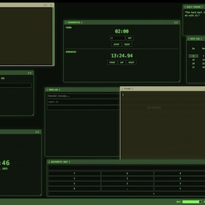 May include: A computer screen interface with a dark green background and various windows displaying text and data. The interface includes a timer, a calendar, and a clock displaying the time as 21:42:46. The overall theme is a retro, digital aesthetic.