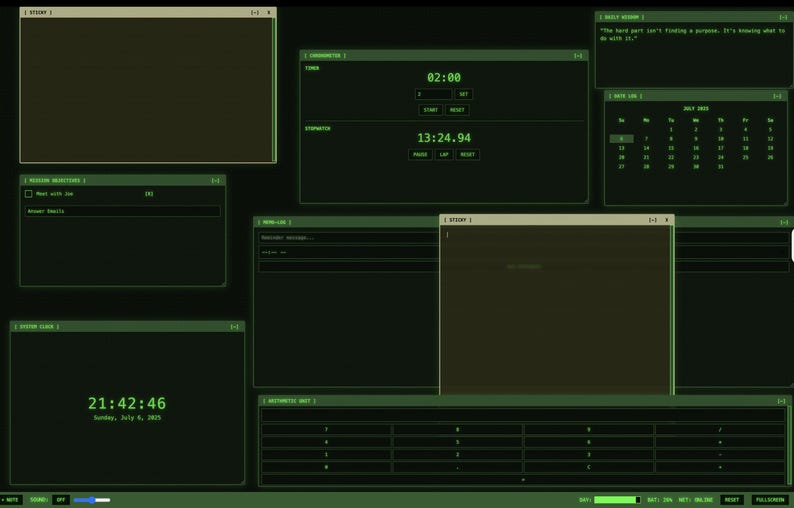 May include: A computer screen interface with a dark green background and various windows displaying text and data. The interface includes a timer, a calendar, and a clock displaying the time as 21:42:46. The overall theme is a retro, digital aesthetic.
