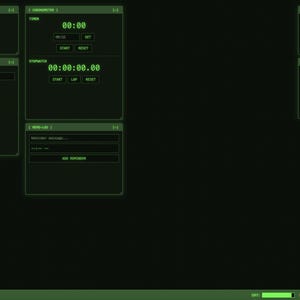 May include: A dark green computer interface with various digital displays. The interface includes a system clock, timer, stopwatch, session objectives, a calculator, a notes section, and a calendar for July 2023. The time displayed is 21:54:53.