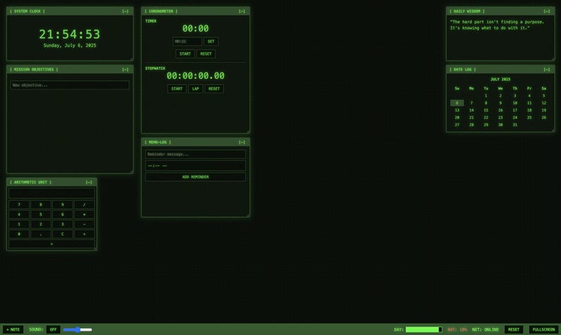 May include: A dark green computer interface with various digital displays. The interface includes a system clock, timer, stopwatch, session objectives, a calculator, a notes section, and a calendar for July 2023. The time displayed is 21:54:53.