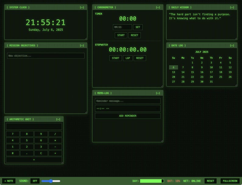May include: A dark green digital interface with various widgets, including a system clock, timer, stopwatch, mission objectives, memo log, arithmetic unit, and a calendar for July 2025. The interface displays the time as 21:55:21.