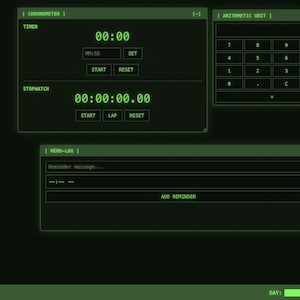 May include: A computer interface with a dark green background and neon green text. Displays include a system clock, timer, stopwatch, arithmetic unit, memo log, mission objectives, and a calendar for July 2025. The time reads 21:57:31.