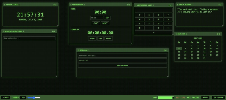 May include: A computer interface with a dark green background and neon green text. Displays include a system clock, timer, stopwatch, arithmetic unit, memo log, mission objectives, and a calendar for July 2025. The time reads 21:57:31.