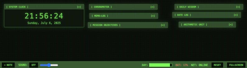 May include: A digital interface with a green-on-black color scheme. The display shows a system clock with the time 21:56:24 and the date Sunday, July 6, 2025. Additional options include a chronometer, memo log, and mission objectives.