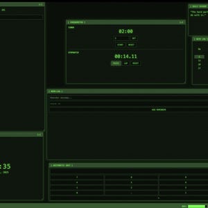 May include: A dark green computer interface with various display panels. Displays include a timer, stopwatch, calendar, and a clock showing 21:29:35 on Sunday, July 6, 2025. The interface has a retro, digital aesthetic.
