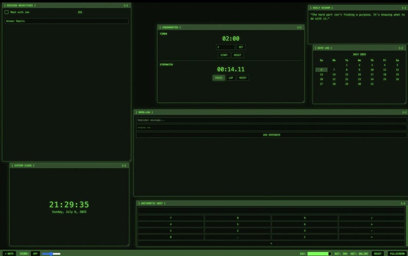 May include: A dark green computer interface with various display panels. Displays include a timer, stopwatch, calendar, and a clock showing 21:29:35 on Sunday, July 6, 2025. The interface has a retro, digital aesthetic.