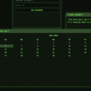 May include: A dark green computer interface with various digital displays. The displays show a clock, a calendar for July 2025, a timer, and a stopwatch. The time reads 21:54:18 on Sunday, July 6, 2025. There is also a section for mission objectives.
