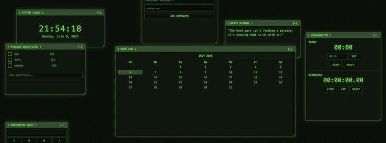 May include: A dark green computer interface with various digital displays. The displays show a clock, a calendar for July 2025, a timer, and a stopwatch. The time reads 21:54:18 on Sunday, July 6, 2025. There is also a section for mission objectives.