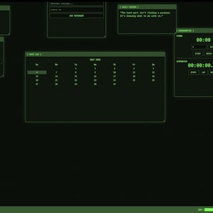 May include: A dark green computer interface with various windows displaying a clock, calendar, calculator, and timer. The time reads 21:04:34 on Sunday, July 4, 2025. The interface has a retro, digital aesthetic.