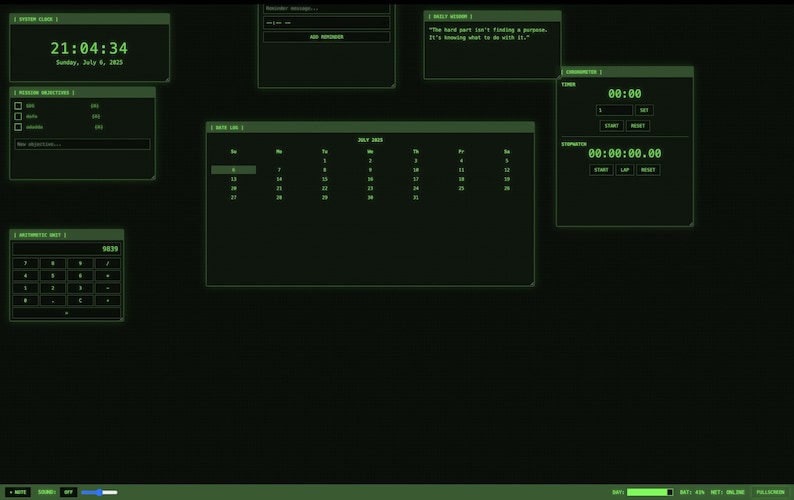 May include: A dark green computer interface with various windows displaying a clock, calendar, calculator, and timer. The time reads 21:04:34 on Sunday, July 4, 2025. The interface has a retro, digital aesthetic.