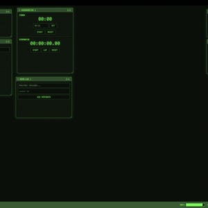 May include: A dark green computer interface with various digital displays. Displays include a clock, timer, stopwatch, mission objectives, a calculator, a note section, and a calendar. The interface has a retro, digital aesthetic.