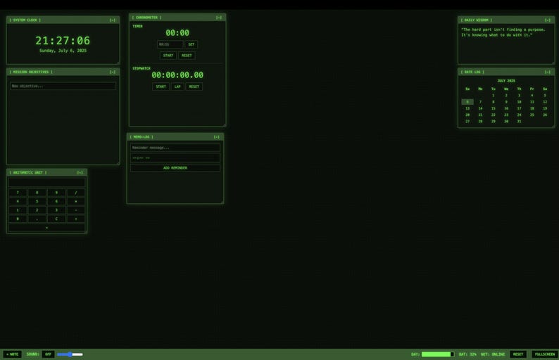 May include: A dark green computer interface with various digital displays. Displays include a clock, timer, stopwatch, mission objectives, a calculator, a note section, and a calendar. The interface has a retro, digital aesthetic.