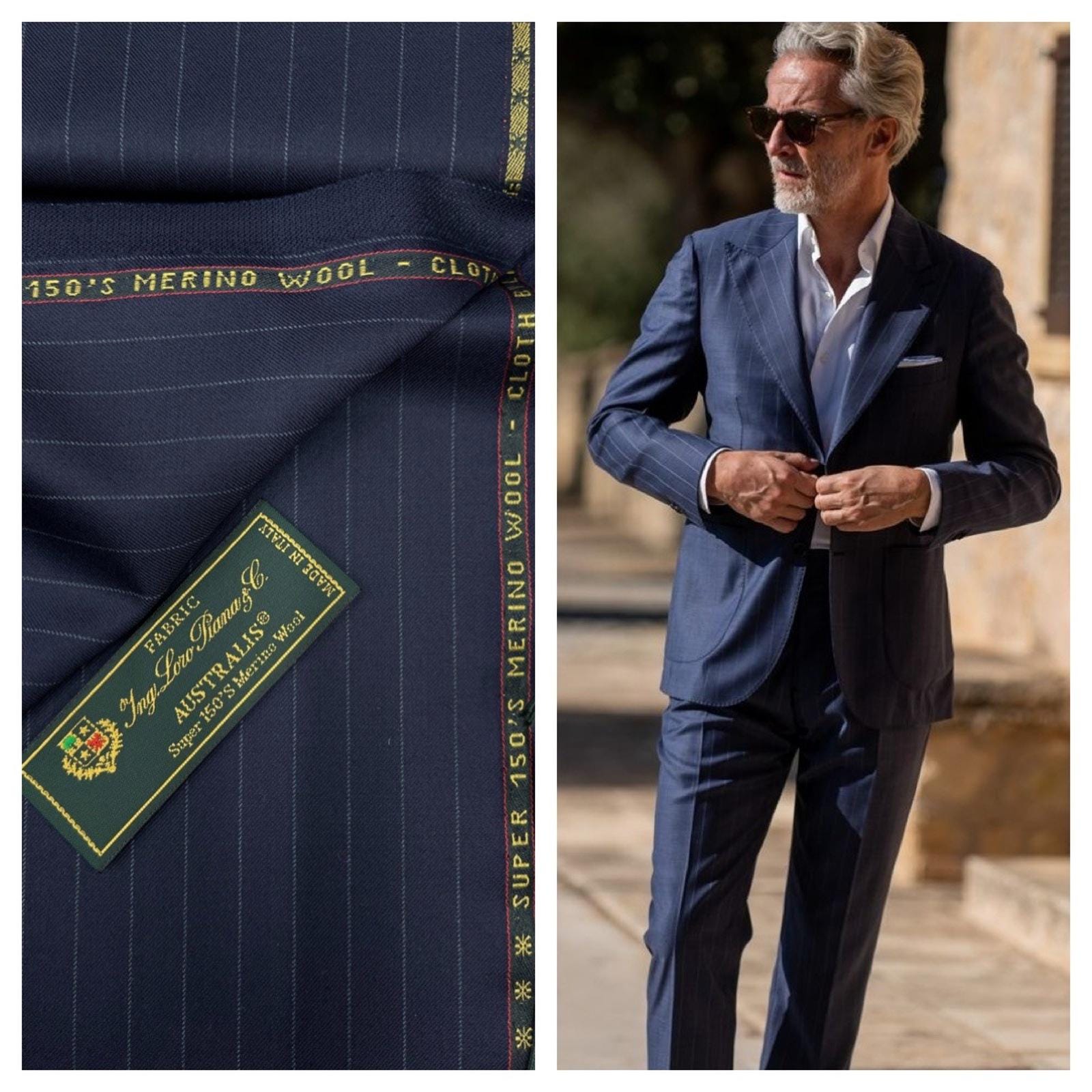 Loro Piana Suiting Fabric Navy Stripe Super 150s Wool 