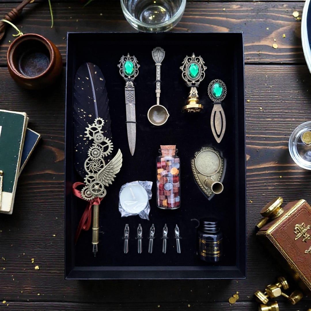 Feather Quill Pen Set – Vintage Calligraphy Writing, Wax Seal & Ink Pot ...