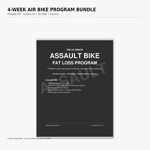 以下が含まれることがあります： 「The Ultimate Assault Bike Fat Loss Program」と題された白黒のPDFドキュメント。4週間のトレーニングプラン、初心者向けオプション、ワークアウトトラッカーが含まれています。このドキュメントは、すぐにダウンロードできます。