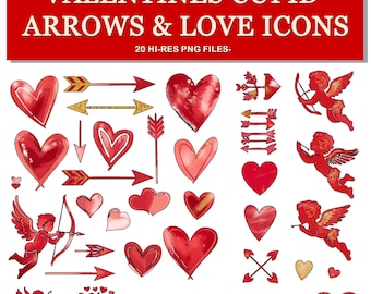 Könnte beinhalten: Eine Sammlung von Aquarell-Illustrationen mit Herzen, Pfeilen und Amor-Figuren in Rot-, Gold- und Rosatönen. Der Text oben lautet "VALENTINES CUPID ARROWS & LOVE ICONS" und "20 HI-RES PNG FILES".