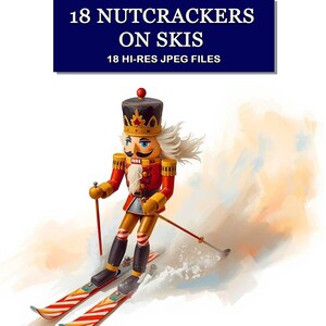 Könnte beinhalten: Buntes Bild eines Nussknackers auf Skiern. Der Nussknacker trägt eine rote Jacke, goldene Details und einen schwarzen Hut. Der Text "18 NUTCRACKERS ON SKIS" und "18 HI-RES JPEG FILES" ist enthalten.