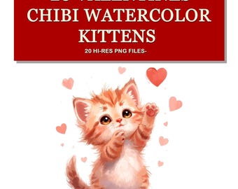 20 Valentine Kittens Watercolor PNG | Cute Valentine Cats Clipart Bundle