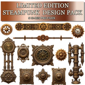 Könnte beinhalten: Eine digitale Sammlung mit dem Titel LIMITED EDITION STEAMPUNK DESIGN PACK 5 HI-RES PNG FILES, die verschiedene bronzefarbene mechanische Elemente zeigt, darunter verzierte Uhren, kreisförmige Zahnräder, komplizierte rechteckige Ränder und industrielle Rohrstrukturen.