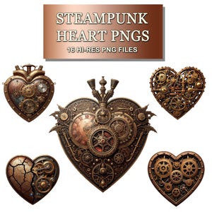 Steampunk Heart Clipart PNGs | Mechanical Brass Hearts | Gothic Industrial Hearts | Transparent Background