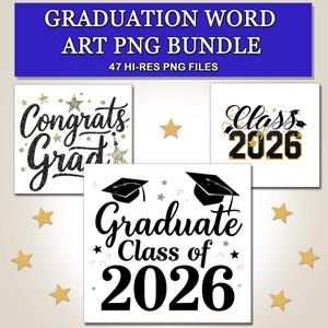 Puede incluir: Un paquete de arte digital con diseños temáticos de graduación. La imagen presenta tres diseños cuadrados con los textos "Congrats Grad", "Class of 2026" y "Graduate Class of 2026". Los diseños son en negro y dorado con acentos de estrellas.