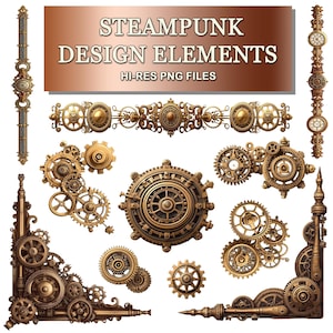 May include: A selection of steampunk design elements in gold and bronze tones. The image features gears, decorative borders, and clockwork-inspired details. Text at the top reads "STEAMPUNK DESIGN ELEMENTS" and "HI-RES PNG FILES."