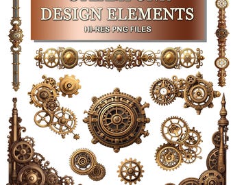 Steampunk Design Elements Bundle – Vintage Gears, Corners and Accents Clipart for Scrapbooking, Junk Journals and Papercraft