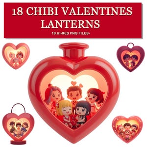 Peut inclure: Lanternes rouges en forme de cœur avec des figurines chibi à l'intérieur. Les lanternes émettent une lueur chaleureuse et sont décorées de personnages de dessins animés. Le texte "18 CHIBI VALENTINES LANTERNS" est affiché en haut. L'image comprend 18 fichiers PNG haute résolution.