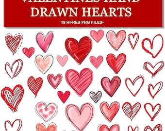 Könnte beinhalten: Eine Sammlung handgezeichneter Herzen in verschiedenen Rot- und Rosatönen, einige mit schwarzen Umrissen. Das Bild enthält den Text "VALENTINES HAND DRAWN HEARTS" und "19 HI-RES PNG FILES-" auf einem roten Banner.
