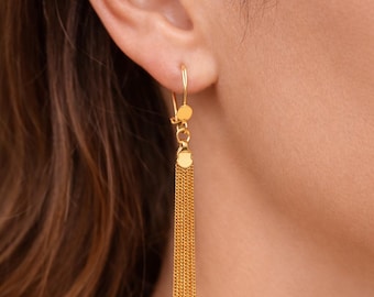 18K Solid Gold Tassel Earrings: Elegant Dangle Fringe Jewelry